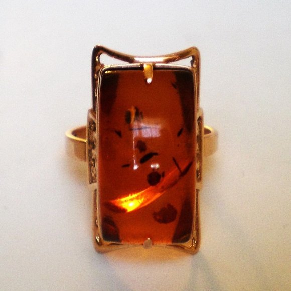 Vintage Russian Russia 14K 583 Rose Pink Gold Baltic Honey Amber Cocktail RING - Picture 1 of 10